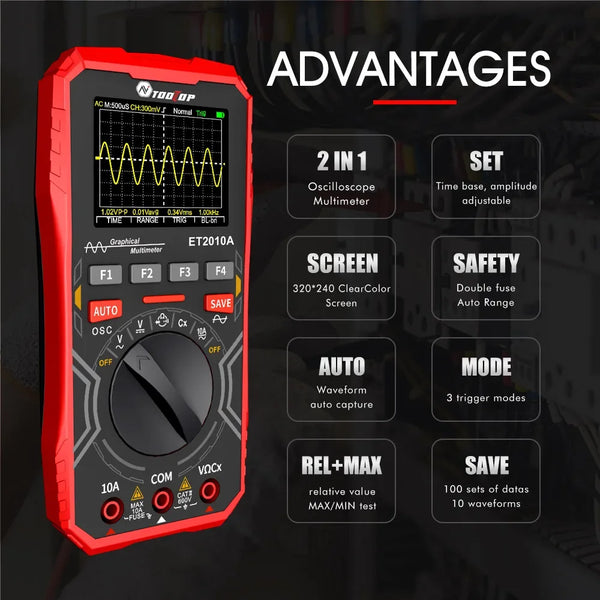TOOLTOP ET2010A 1MHz Portable Digital Oscilloscope 2.5Msps Auto True RMS Multimeter AC 10A 600V High Voltage Tester
