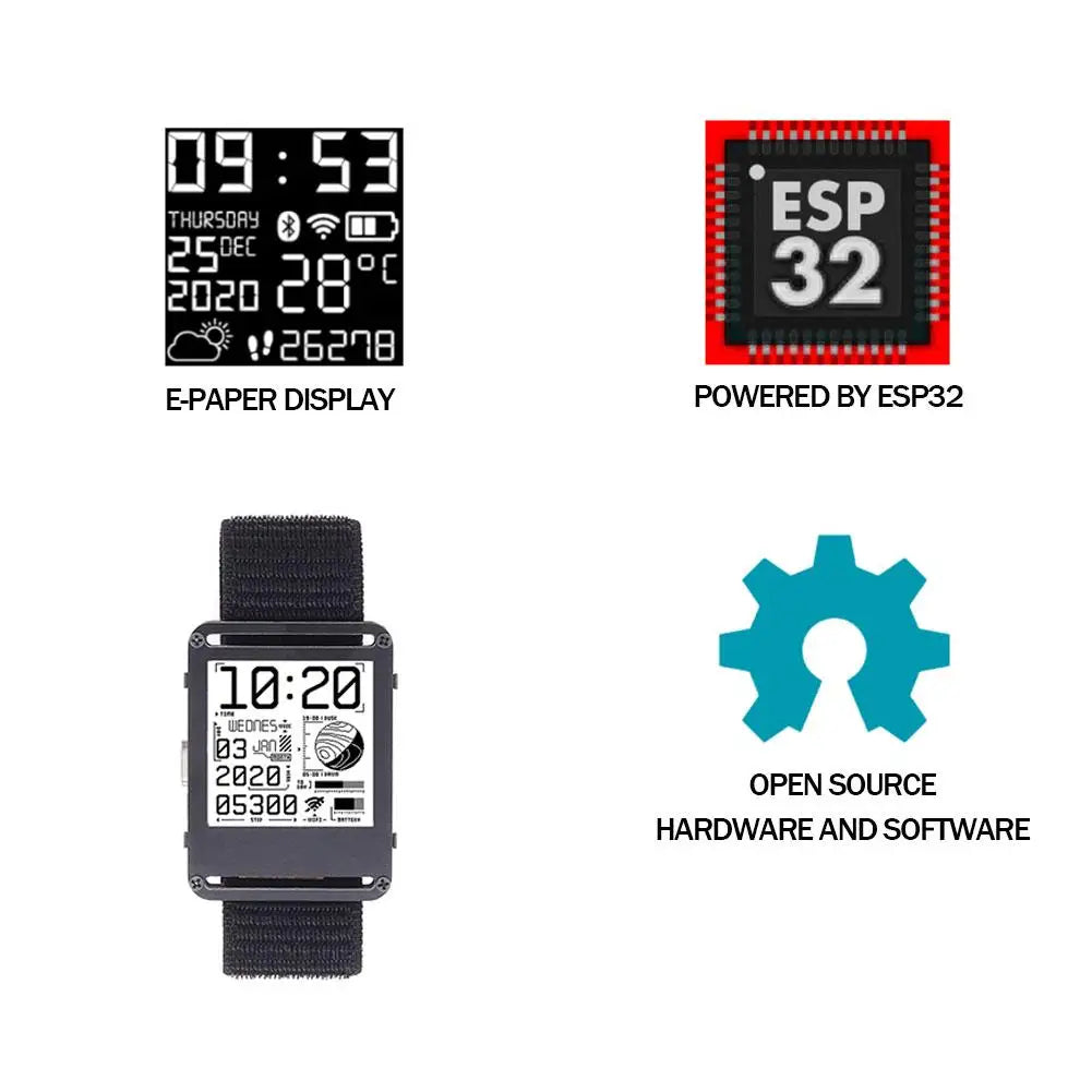 ESP32 Open Source V2.0 Gift E-ink Display Smart Watch Display Screen 200x200 Ultra-low Power Electronic Smart Watch 2025
