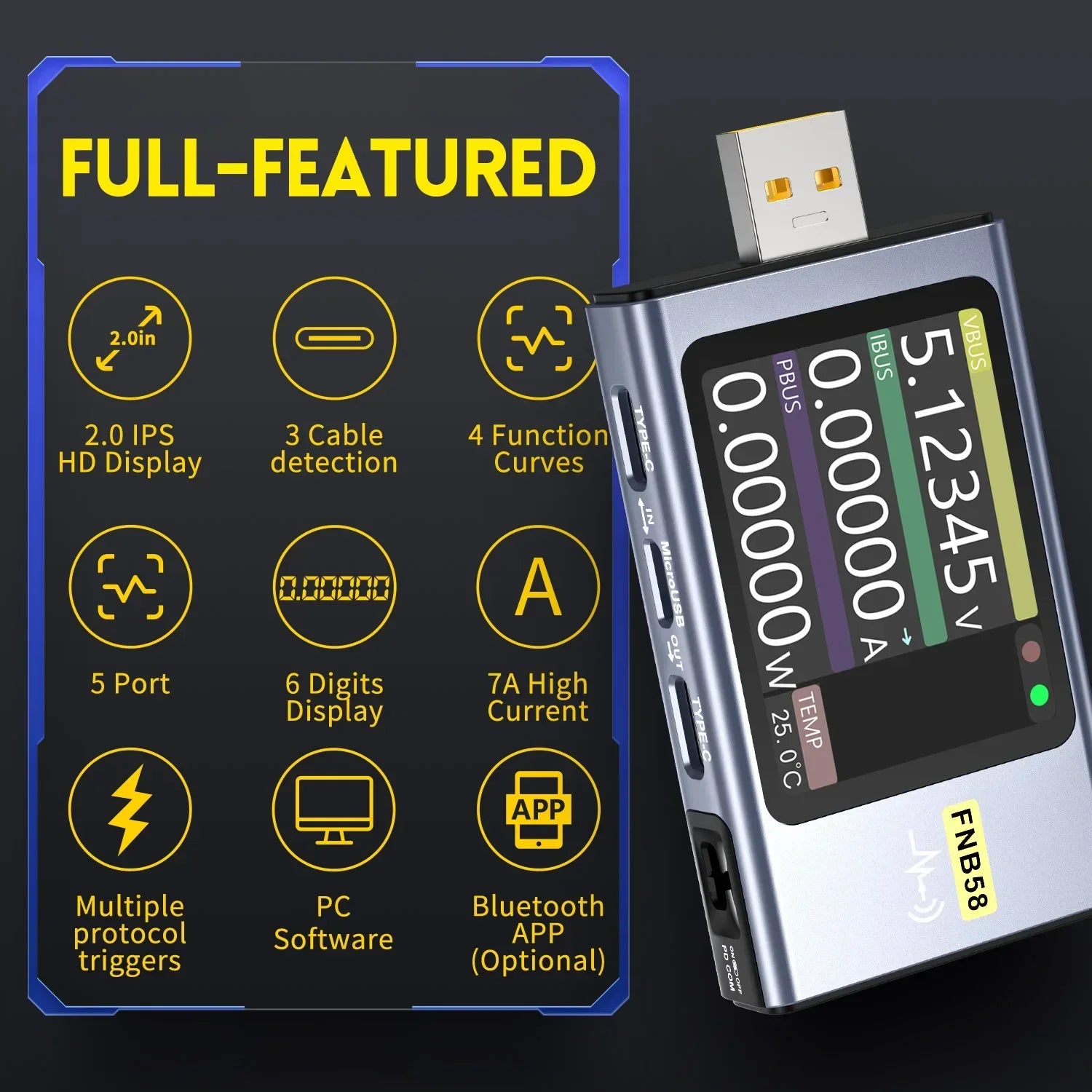 FNIRSI FNB58 USB Digital Voltmeter Ammeter Tester Tool TYPE-C Fast Charge Detection Trigger Capacity Ripple Measurement