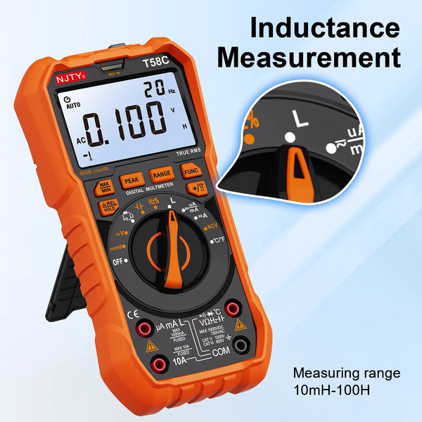 NJTY T58B T58C Inductance Digital Multimeter AUTO Range 9999 Counts  Voltage Current Capacitance LED Smart Backlit Large Screen