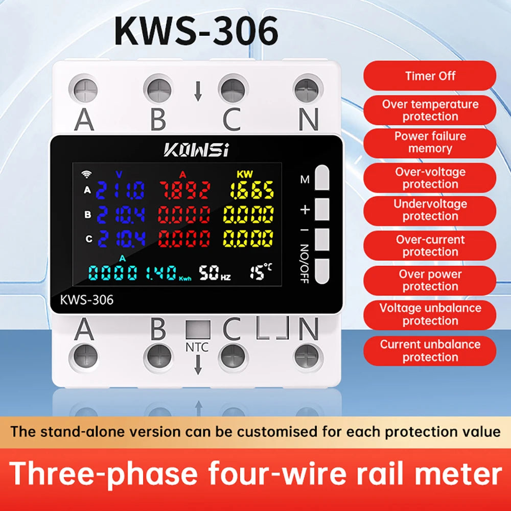 KWS-306 Voltmeter Ammeter Power Meter AC 85-290V 80A 3-phase 4-wire DIN-Rail Meter Power Failure Protection Function