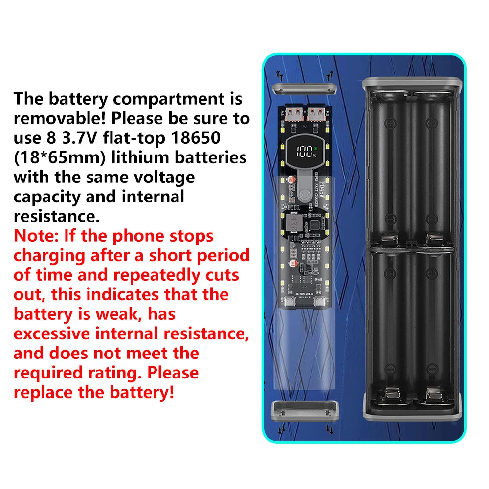 8*18650 Battery Case PD 45W Super Fast Charging Transparent Rechargeable Case Weldless Box With Outdoor Light