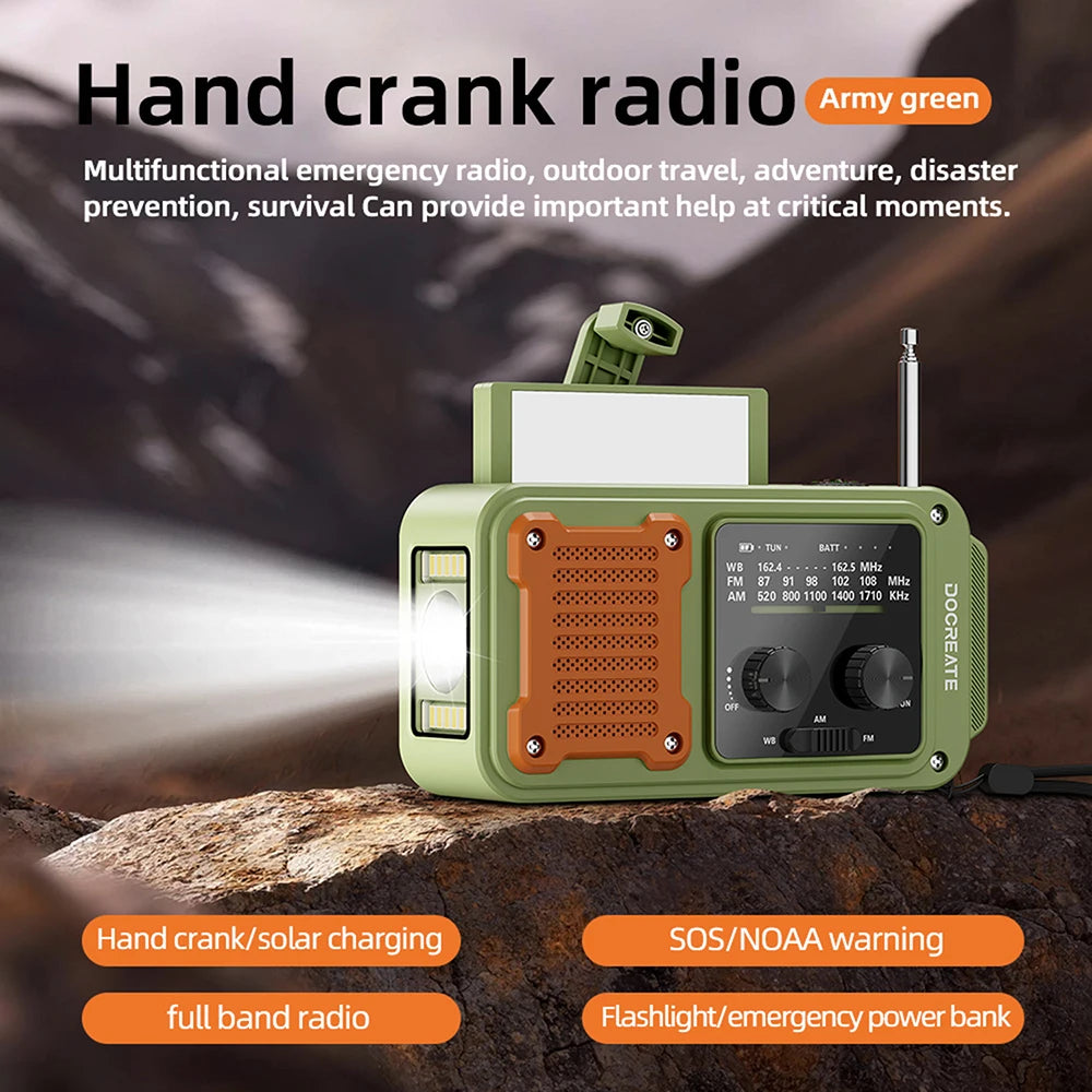 DC 5V 2A 7-in-1 87-108MHZ Multi-Function Emergency Radio: AM/FM/WB Full-Band Portable Radio with USB-C Interface