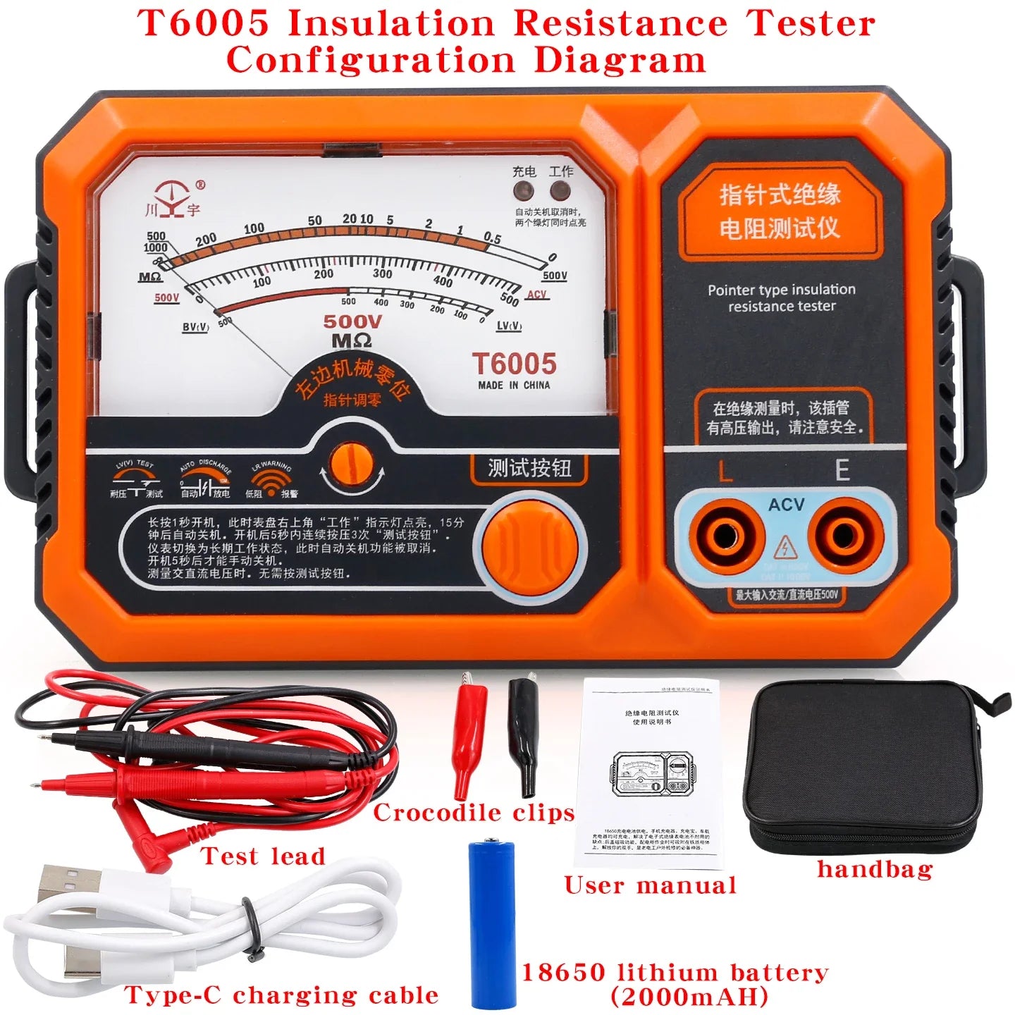 T6005 T6010 USB Rechargeable 500V Analog Insulation Resistance Tester Megohmmeter, Portable detail image 5