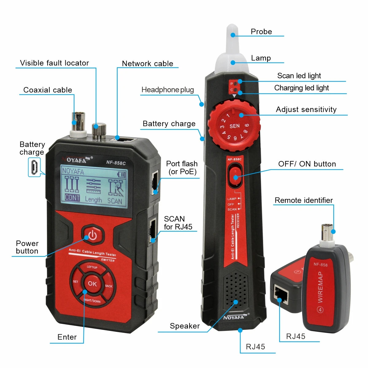 Tester per cavi di rete NOYAFA NF-858C, localizzatore di linee POE BNC, test con luce rossa lampeggiante, misurazione della lunghezza del cavo.