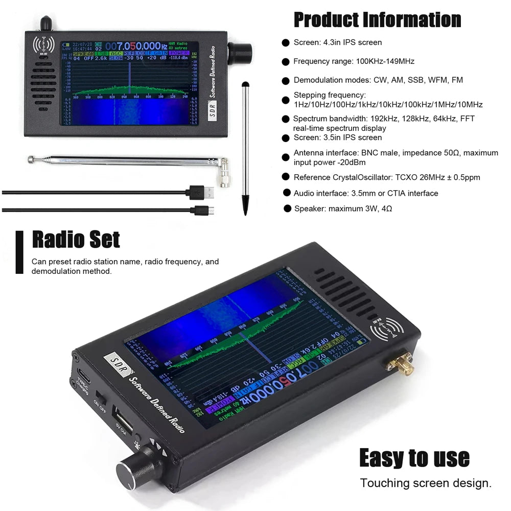 Set radio portatile palmare, ricevitore radio SDR professionale 100KHz-149MHz, radio multifunzionale con antenna a onde corte.