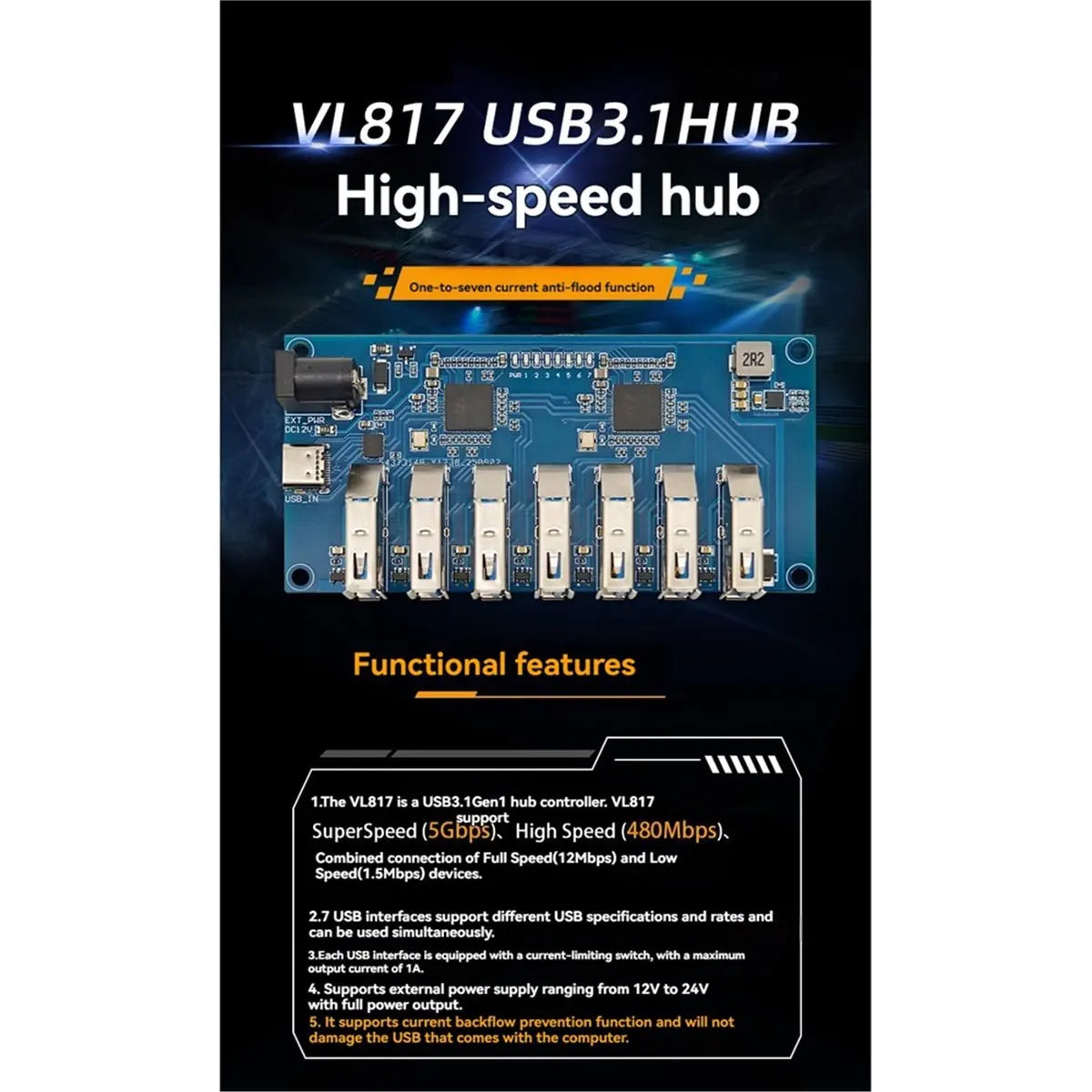 Stable- VL817 USB3.1 HUB Module 1-to-7 Port Hub Splitter Supports SuperSpeed/High Speed detail image 2