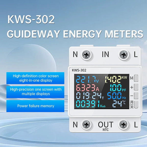 KWS-302WF Guide Rails Digital Voltmeter Ammeter Voltage Tester Meter 63A AC170-300V Over-temperature Protection Power-off Module