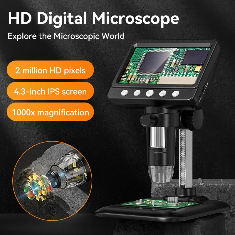 50-1000X Digital Microscope 4.3 Inch IPS 2MP HD Lens 8LED Adjust Light 2000mAh Electronic detail image 2