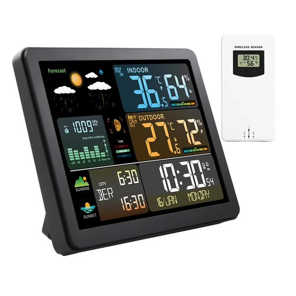 Stazione meteorologica intelligente FJ3566M, misuratore di temperatura e umidità per interni ed esterni, orologio meteo, indicatore di temperatura e umidità, 1 sensore.