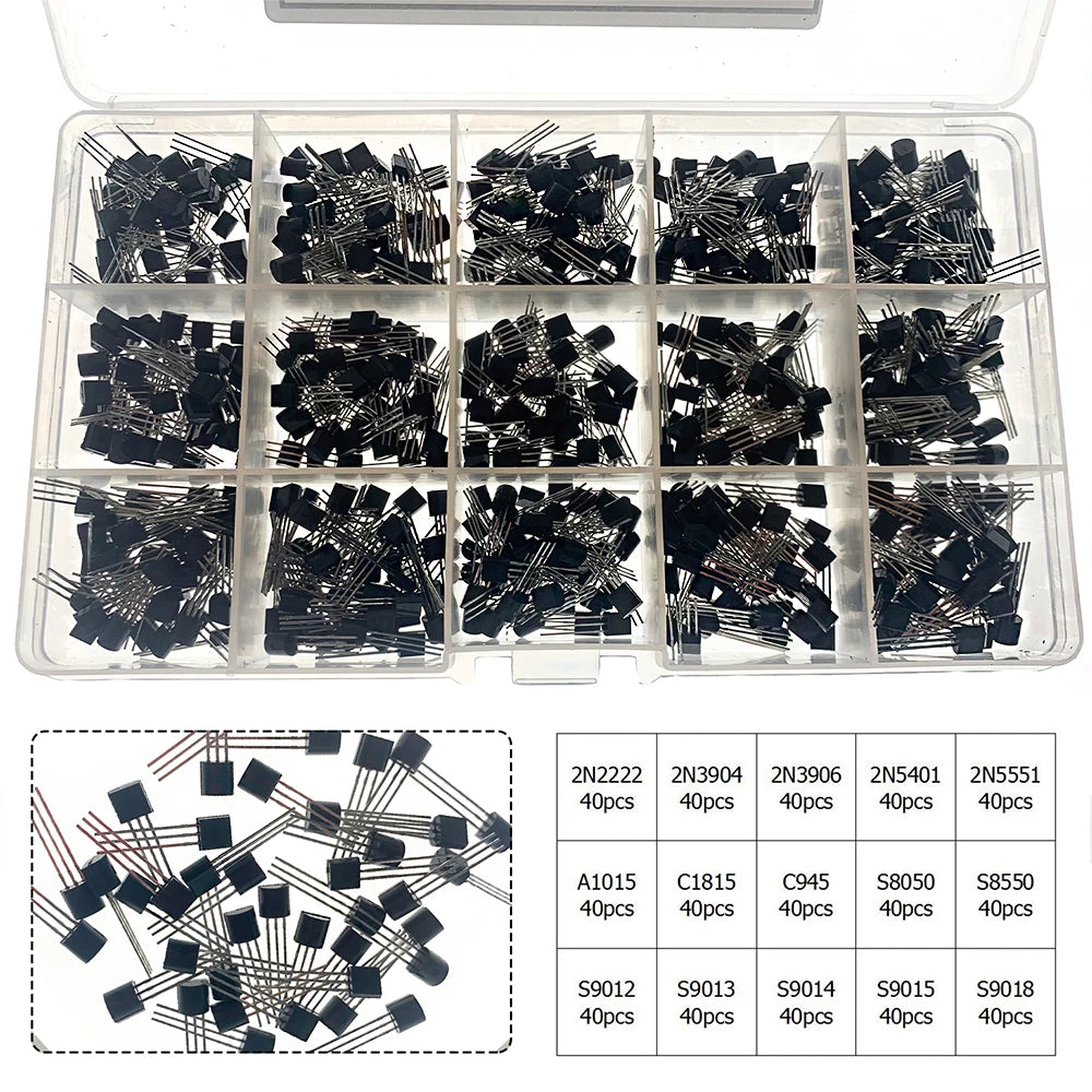 600pcs Transistor Kit  A1015 C1815 C945 S8050 S8850 2N2222 2N3904 2N3906 2N5401 2N5551 PNP NPN S9012-S9015 S9018 15 Kinds