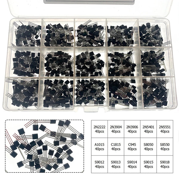 600pcs Transistor Kit  A1015 C1815 C945 S8050 S8850 2N2222 2N3904 2N3906 2N5401 2N5551 PNP NPN S9012-S9015 S9018 15 Kinds