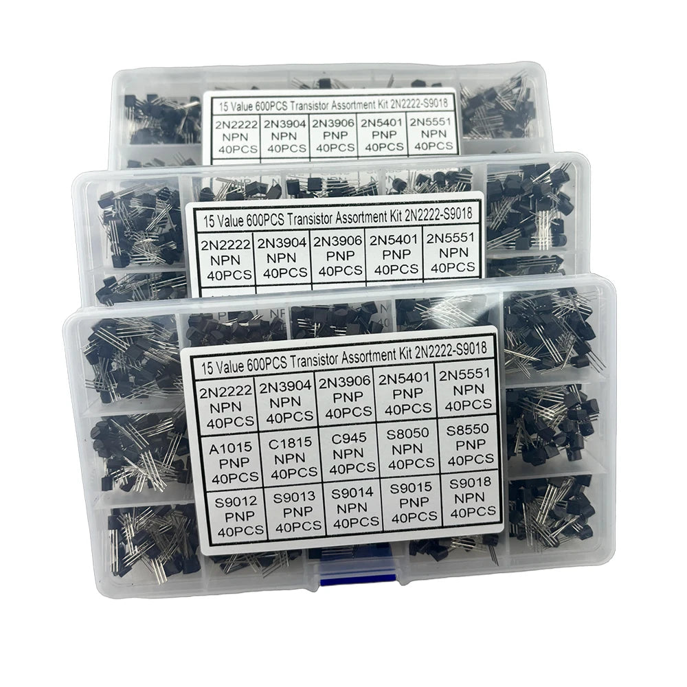 600pcs Transistor Kit  A1015 C1815 C945 S8050 S8850 2N2222 2N3904 2N3906 2N5401 2N5551 PNP NPN S9012-S9015 S9018 15 Kinds