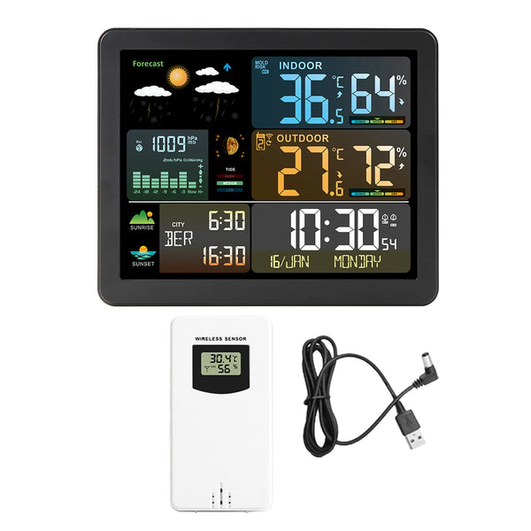 Estación meteorológica inteligente FJ3566M con medidor de temperatura y humedad para interiores y exteriores, reloj meteorológico, indicador de temperatura y humedad y 1 sensor.