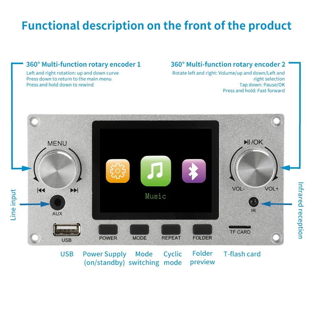Amplificador TFT de 2,8 pulgadas, Bluetooth, DC 4,5-5,0 V, 5 W, placa decodificadora MP3, audio para coche, USB, TF, módulo de radio FM, reproductor MP3 con pantalla a color