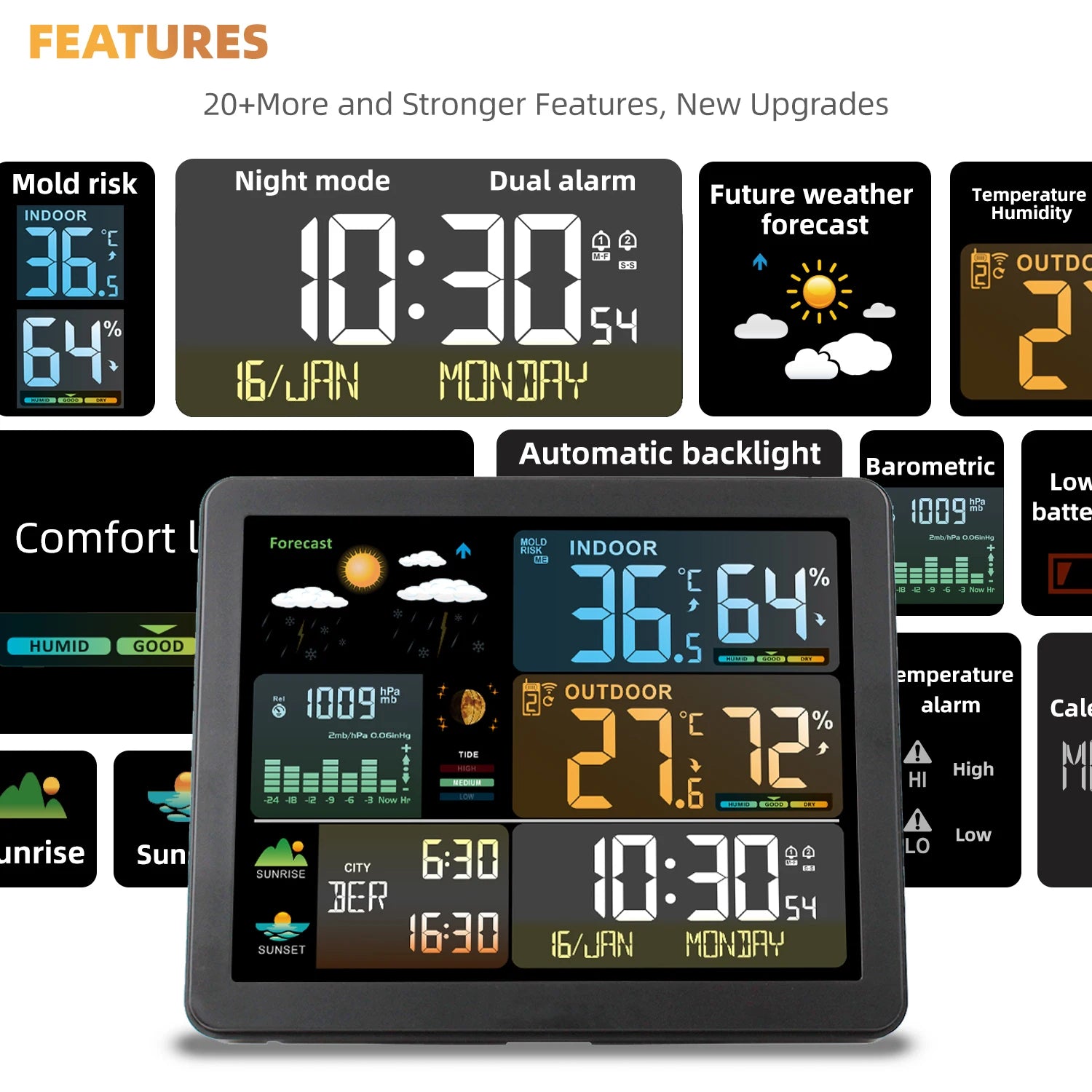 Estación meteorológica inteligente FJ3566M con medidor de temperatura y humedad para interiores y exteriores, reloj meteorológico, indicador de temperatura y humedad y 1 sensor.