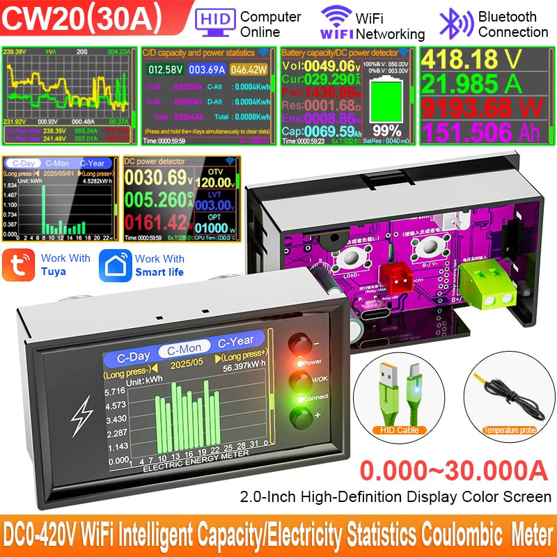 CW20 DC0-420V WiFi Tuya Smart Digital Lithium Battery Capacity Detection Tester DC Display  Voltage Current Power Coulomb Meter
