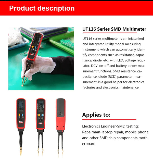 UNI-T UT116A UT116C SMD Multimeter Tester 36V Voltage Meter Resistance Capacitance Zener Diode Continuity Battery Tester