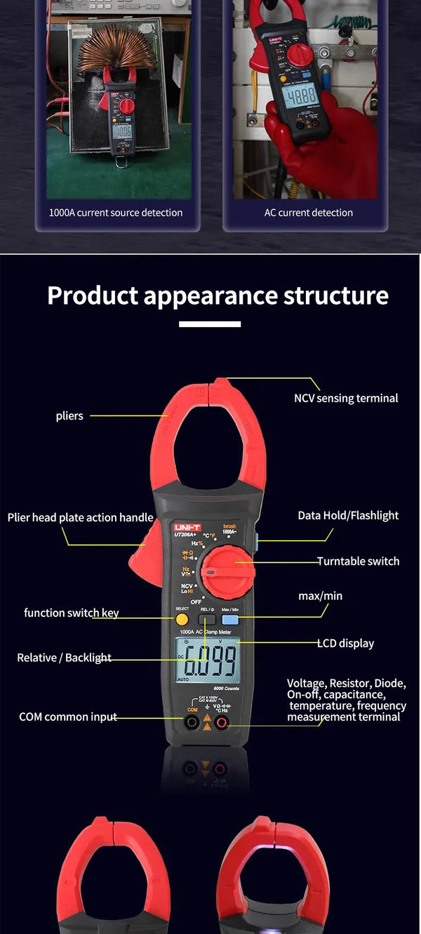 UNI-T UT205A+ UT206A+ Digital Clamp Meter 1000V AC DC Current Pliers Clamps Voltage Tester Ammeter Resistance Temperature Test