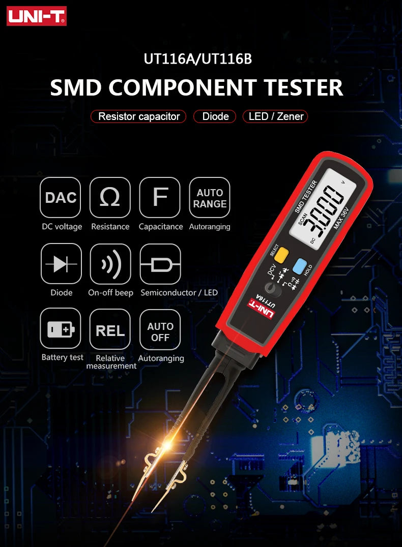 UNI-T UT116A UT116C SMD Multimeter Tester 36V Voltage Meter Resistance Capacitance Zener Diode Continuity Battery Tester