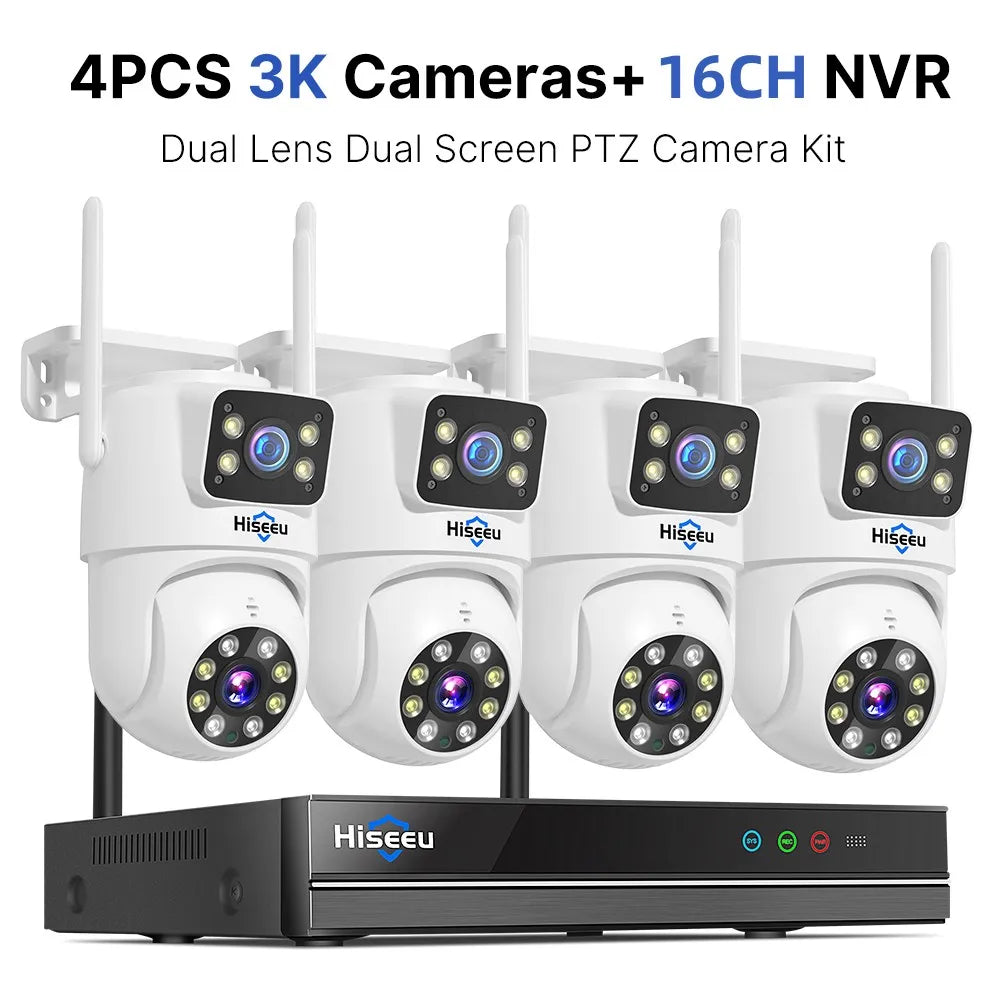 Hiseeu 16CH NVR Dual Lens Wireless CCTV Surveillance Kit Human Detection Night Vision P2P 3K 6MP IP Cameras Security System