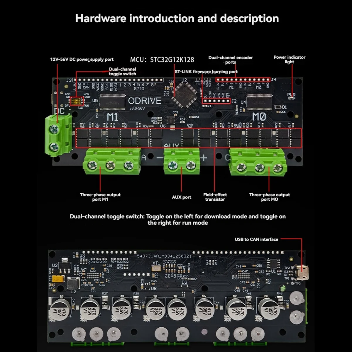 A72Z ODrive3.6 56V FOC-BLDC Servo Dual Motor Controller STM32F4 Support Multiple Encoder ODrive3.6 Motor Control Board 12-56V
