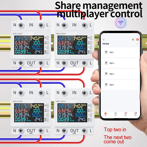 KWS-302WF Guide Rails Digital Voltmeter Ammeter Voltage Tester Meter 63A AC170-300V Over-temperature Protection Power-off Module
