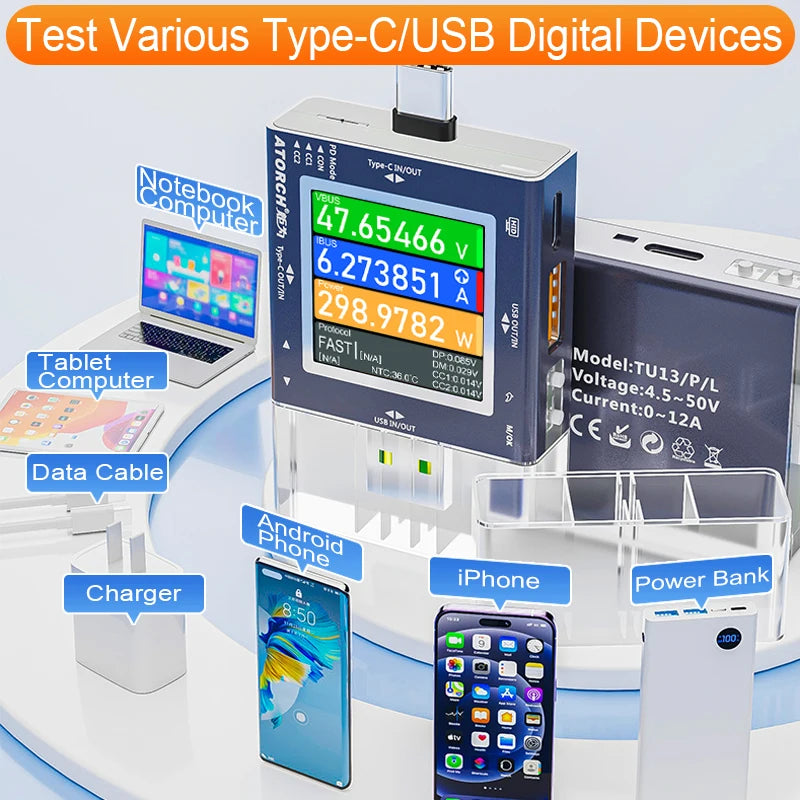 TU13 48V Type-C PD3.0 Fast charging Protocol USB Tester Voltmeter Meter Mobile Phone Charger Capacity Monitor Scalable Features