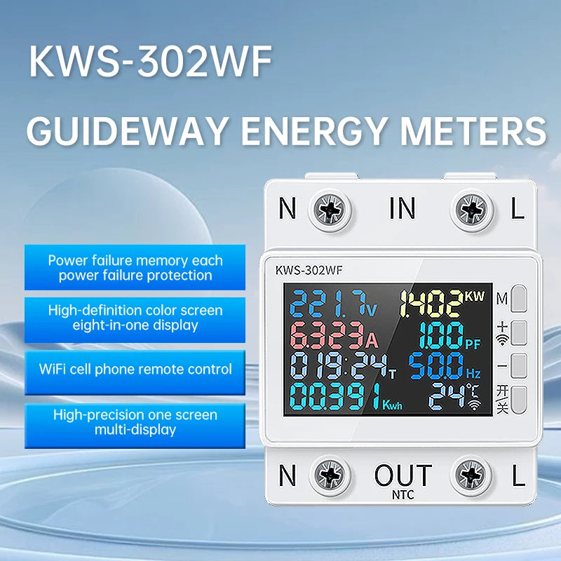 KWS-302WF Guide Rails Digital Voltmeter Ammeter Voltage Tester Meter 63A AC170-300V Over-temperature Protection Power-off Module