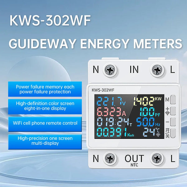 KWS-302WF Guide Rails Digital Voltmeter Ammeter Voltage Tester Meter 63A AC170-300V Over-temperature Protection Power-off Module