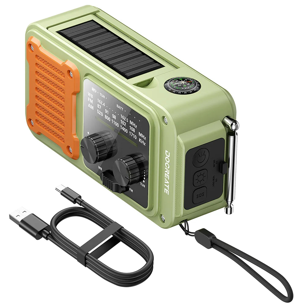 DC 5V 2A 7-in-1 87-108MHZ Multi-Function Emergency Radio: AM/FM/WB Full-Band Portable Radio with USB-C Interface