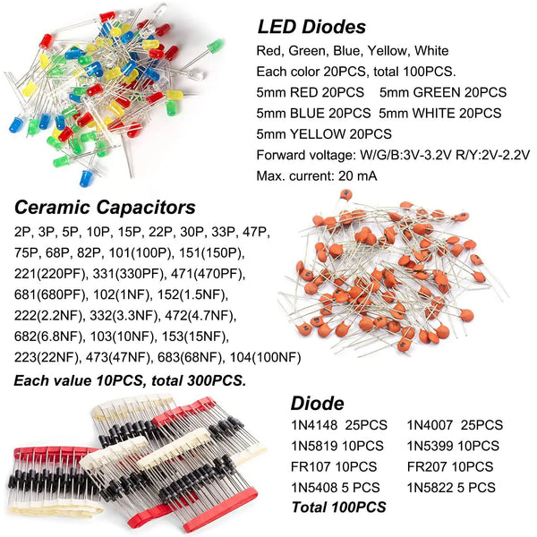 1500Pcs Electronic Components Starter Kit Resistor Capacitor LED Diode Transistor Assortment Pack for DIY Arduino
