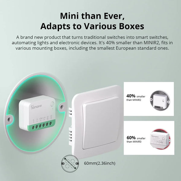Interruttore luce smart Sonoff Mini R4 Matter WiFi, relè Sonoff Mini R4 Extreme Matter compatibile con Alexa, Google Home e HomeKit.