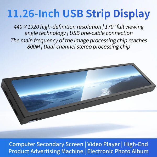 11.26 Inch USB Type-C Secondary Screen IPS 1920x440 Display Video Player Electronic Photo Album 170 ° Wide View Monitor for PC