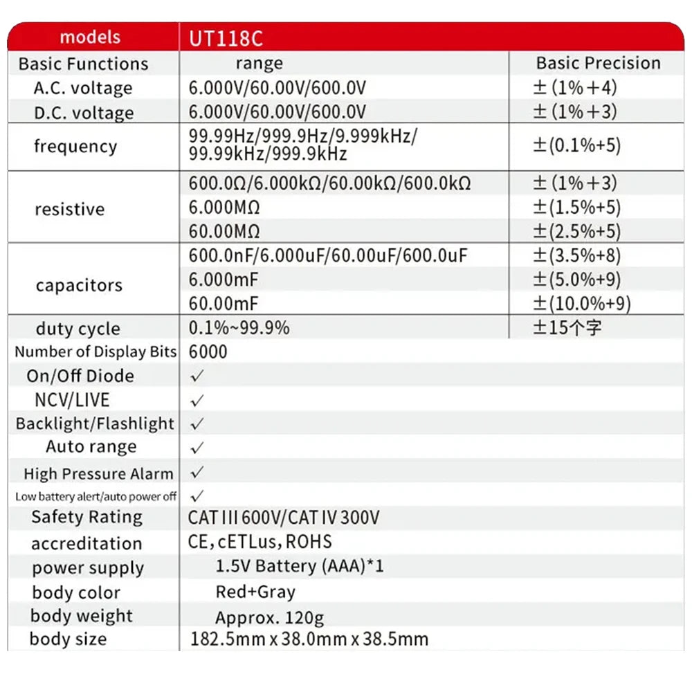 UNI-T UT118C digitális multiméter toll, 6000 típusú számlál érintésmentes AC/DC feszültségellenállás dióda folytonosság-ellenőrző eszközzel