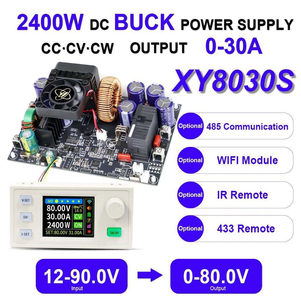 XY8030S 2400W 30A Buck DC Digital Power Supply Adjustable Step-Down Converter MPPT Charging 12-90V To 0-80V WIFI 485 IR 433 Set