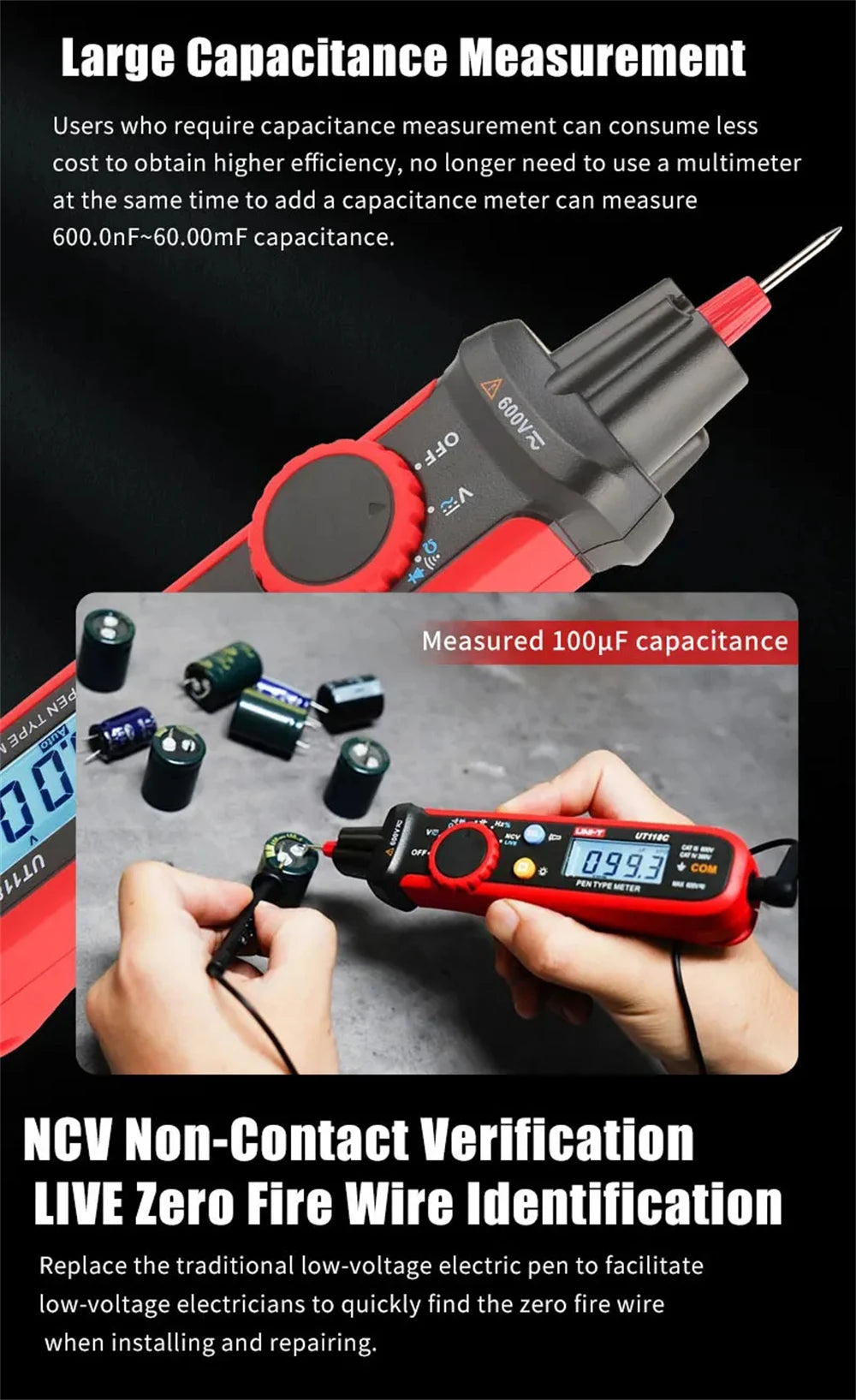 UNI-T UT118C digitális multiméter toll, 6000 típusú számlál érintésmentes AC/DC feszültségellenállás dióda folytonosság-ellenőrző eszközzel