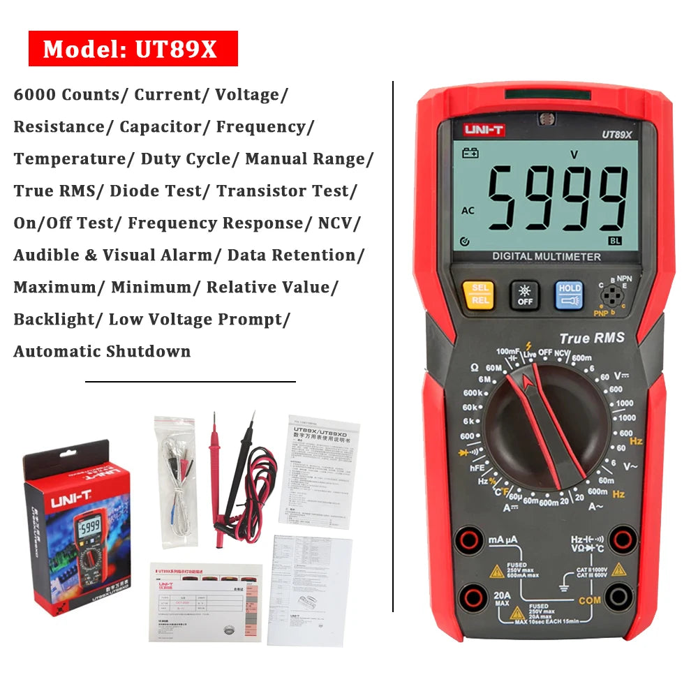 UNI-T Professional Digital Multimeter UT89X UT89XD True RMS NCV 20A Current AC DC Voltmeter Capacitance Resistance Tester