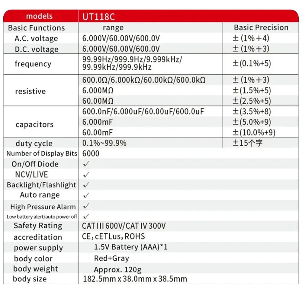UNI-T UT118C digitális multiméter toll, 6000 típusú számlál érintésmentes AC/DC feszültségellenállás dióda folytonosság-ellenőrző eszközzel