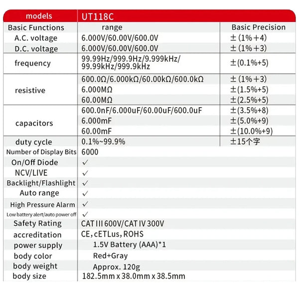 UNI-T UT118C digitális multiméter toll, 6000 típusú számlál érintésmentes AC/DC feszültségellenállás dióda folytonosság-ellenőrző eszközzel