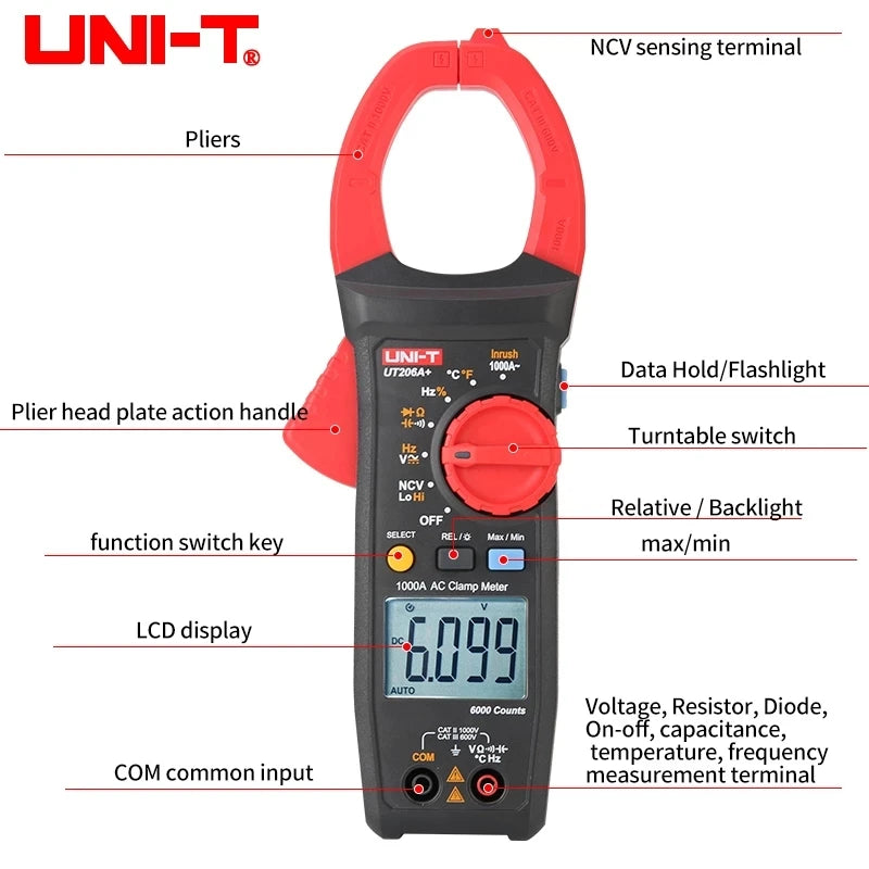 UNI-T UT205A+ UT206A+ Digital Clamp Meter 1000V AC DC Current Pliers Clamps Voltage Tester Ammeter Resistance Temperature Test