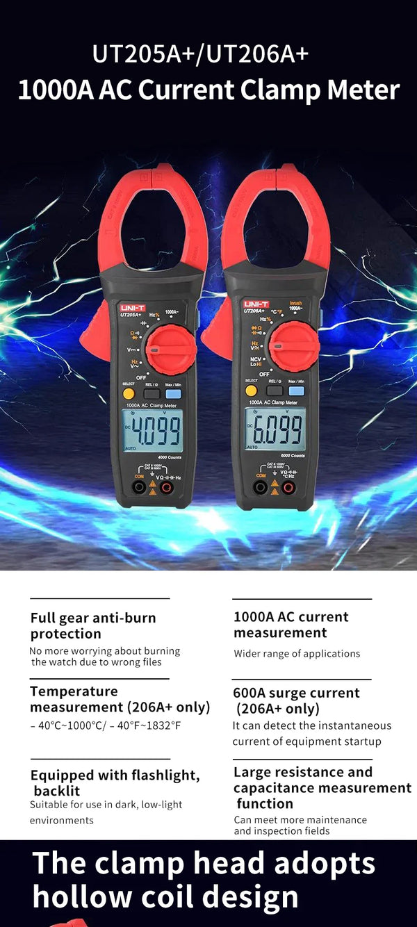 UNI-T UT205A+ UT206A+ Digital Clamp Meter 1000V AC DC Current Pliers Clamps Voltage Tester Ammeter Resistance Temperature Test