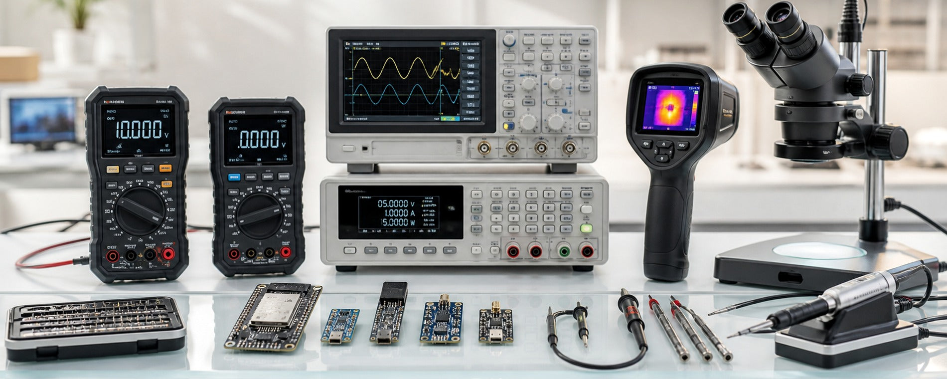 TUFZEN electronics tools, test equipment and development boards on a bright workbench